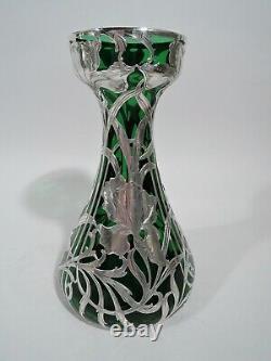 Alvin Vase G3458 Antique Art Nouveau American Green Glass Silver Overlay