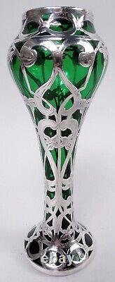Alvin Vase G3467/2 Antique Art Nouveau American Green Glass Silver Overlay