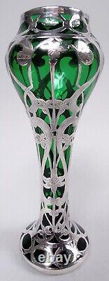Alvin Vase G3467/2 Antique Art Nouveau American Green Glass Silver Overlay
