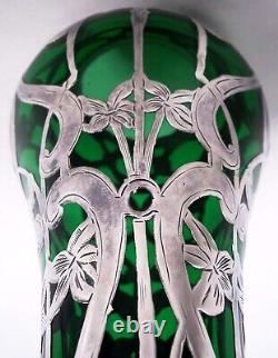 Alvin Vase G3467/2 Antique Art Nouveau American Green Glass Silver Overlay