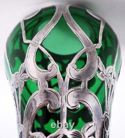 Alvin Vase G3467/2 Antique Art Nouveau American Green Glass Silver Overlay