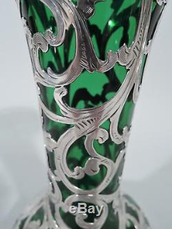 Alvin Vase G387 Art Nouveau American Emerald Green Glass & Silver Overlay