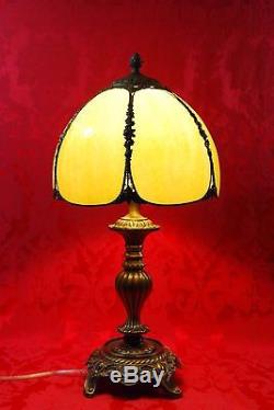 Amazing! Vintage Green Glass Slag Dome Lamp Shade Bronze Rose Decor Art Nouveau
