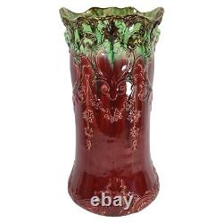 American Art Nouveau Pottery Majolica Green Red Cherub Ceramic Umbrella Stand