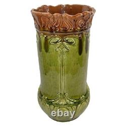American Art Nouveau Pottery Vintage 1900s Blended Majolica Green Umbrella Stand