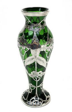 American La Pierre Silver Overlay Green Art Glass Vase, circa 1900