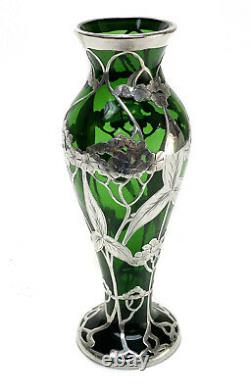 American La Pierre Silver Overlay Green Art Glass Vase, circa 1900
