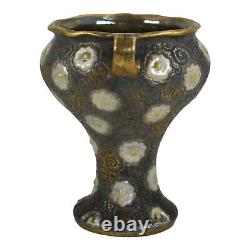 Amphora RSK Austrian Art Nouveau Pottery White Floral Green Ceramic Chalice Vase