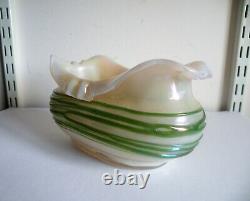 An Art Nouveau Glass Vase / Bowl Opal Body With Green Trailing Loetz