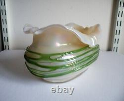 An Art Nouveau Glass Vase / Bowl Opal Body With Green Trailing Loetz