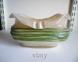 An Art Nouveau Glass Vase / Bowl Opal Body With Green Trailing Loetz