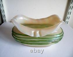 An Art Nouveau Glass Vase / Bowl Opal Body With Green Trailing Loetz