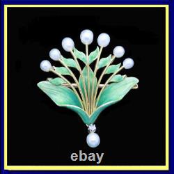 Andre Rambour Art Nouveau Pendant Brooch 18k Gold Pearls Enamel Diamond (6792)