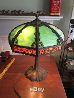 Antique1900s E. Miller Co Art Nouveau Green Slag Stained Glass Table Lamp