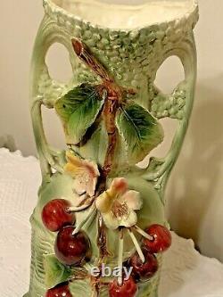 Antique 12 Majolica Art Pottery Embossed Cherries +Flowers Vase WithHandles