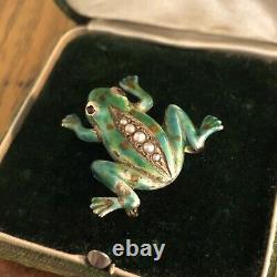 Antique 14K Gold Enamel Frog Pearl Brooch Pin Ruby Eyes Vintage Art Nouveau