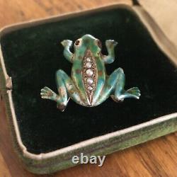 Antique 14K Gold Enamel Frog Pearl Brooch Pin Ruby Eyes Vintage Art Nouveau