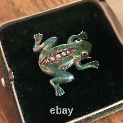 Antique 14K Gold Enamel Frog Pearl Brooch Pin Ruby Eyes Vintage Art Nouveau