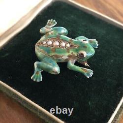 Antique 14K Gold Enamel Frog Pearl Brooch Pin Ruby Eyes Vintage Art Nouveau