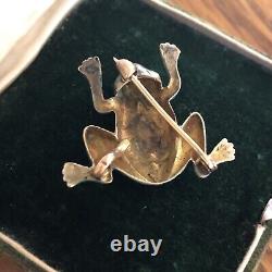 Antique 14K Gold Enamel Frog Pearl Brooch Pin Ruby Eyes Vintage Art Nouveau