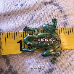 Antique 14K Gold Enamel Frog Pearl Brooch Pin Ruby Eyes Vintage Art Nouveau