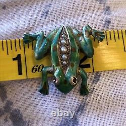 Antique 14K Gold Enamel Frog Pearl Brooch Pin Ruby Eyes Vintage Art Nouveau