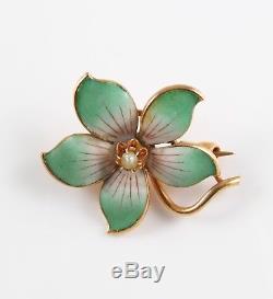 Antique 14k Gold Art Nouveau Green Enamel & Pearl Pansy Floral Flower Brooch Pin