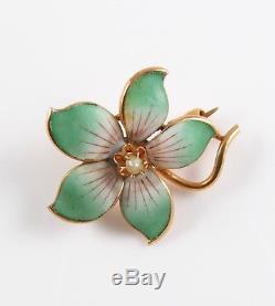 Antique 14k Gold Art Nouveau Green Enamel & Pearl Pansy Floral Flower Brooch Pin