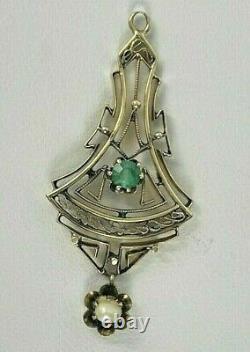 Antique 14k Gold Art Nouveau Lavalier Filigree Pendant Green Stone Pearl