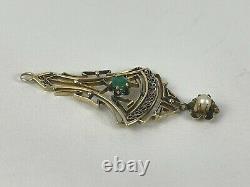 Antique 14k Gold Art Nouveau Lavalier Filigree Pendant Green Stone Pearl