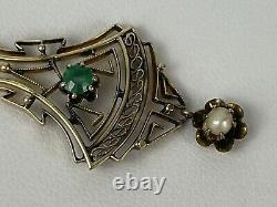 Antique 14k Gold Art Nouveau Lavalier Filigree Pendant Green Stone Pearl