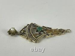 Antique 14k Gold Art Nouveau Lavalier Filigree Pendant Green Stone Pearl