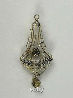 Antique 14k Gold Art Nouveau Lavalier Filigree Pendant Green Stone Pearl