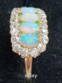 Antique 14k Gold Green Garnet Opal Diamond Halo Ring/14k Gold Opal Diamond Ring