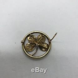 Antique 14k yellow gold green enamel four leaf clover seed pearl pin brooch 3D