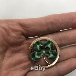 Antique 14k yellow gold green enamel four leaf clover seed pearl pin brooch 3D