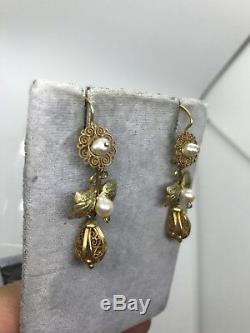 Antique 14k yellow green gold filigree pearl dangle earrings leaf foliage floral