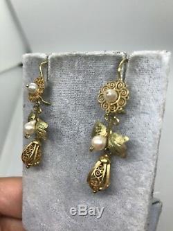 Antique 14k yellow green gold filigree pearl dangle earrings leaf foliage floral