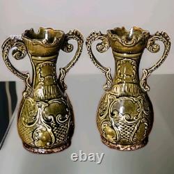 Antique 1880sAustrian Bohemian Art Nouveau Jugendstil Majolica Green Vases 7.75
