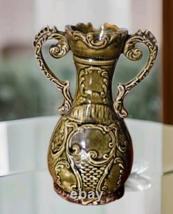 Antique 1880sAustrian Bohemian Art Nouveau Jugendstil Majolica Green Vases 7.75