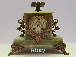 Antique 1889 S. Marti French Victorian Green Marble Onyx Mantel Shelf Clock