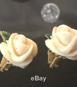 Antique 18k Gold Hand Carved Coral Green Enamel Flower Earrings Superb