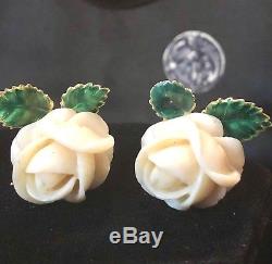 Antique 18k Gold Hand Carved Coral Green Enamel Flower Earrings Superb