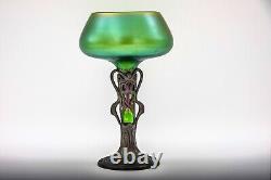 Antique 1900 Iridescent Loetz Art Glass Stem Vase Art Nouveau Pewter Mount