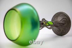 Antique 1900 Iridescent Loetz Art Glass Stem Vase Art Nouveau Pewter Mount