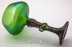 Antique 1900 Iridescent Loetz Art Glass Stem Vase Art Nouveau Pewter Mount