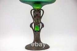 Antique 1900 Iridescent Loetz Art Glass Stem Vase Art Nouveau Pewter Mount