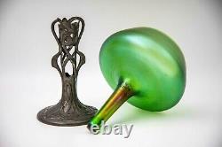 Antique 1900 Iridescent Loetz Art Glass Stem Vase Art Nouveau Pewter Mount