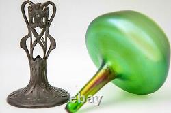 Antique 1900 Iridescent Loetz Art Glass Stem Vase Art Nouveau Pewter Mount