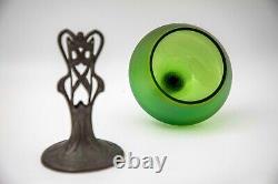 Antique 1900 Iridescent Loetz Art Glass Stem Vase Art Nouveau Pewter Mount
